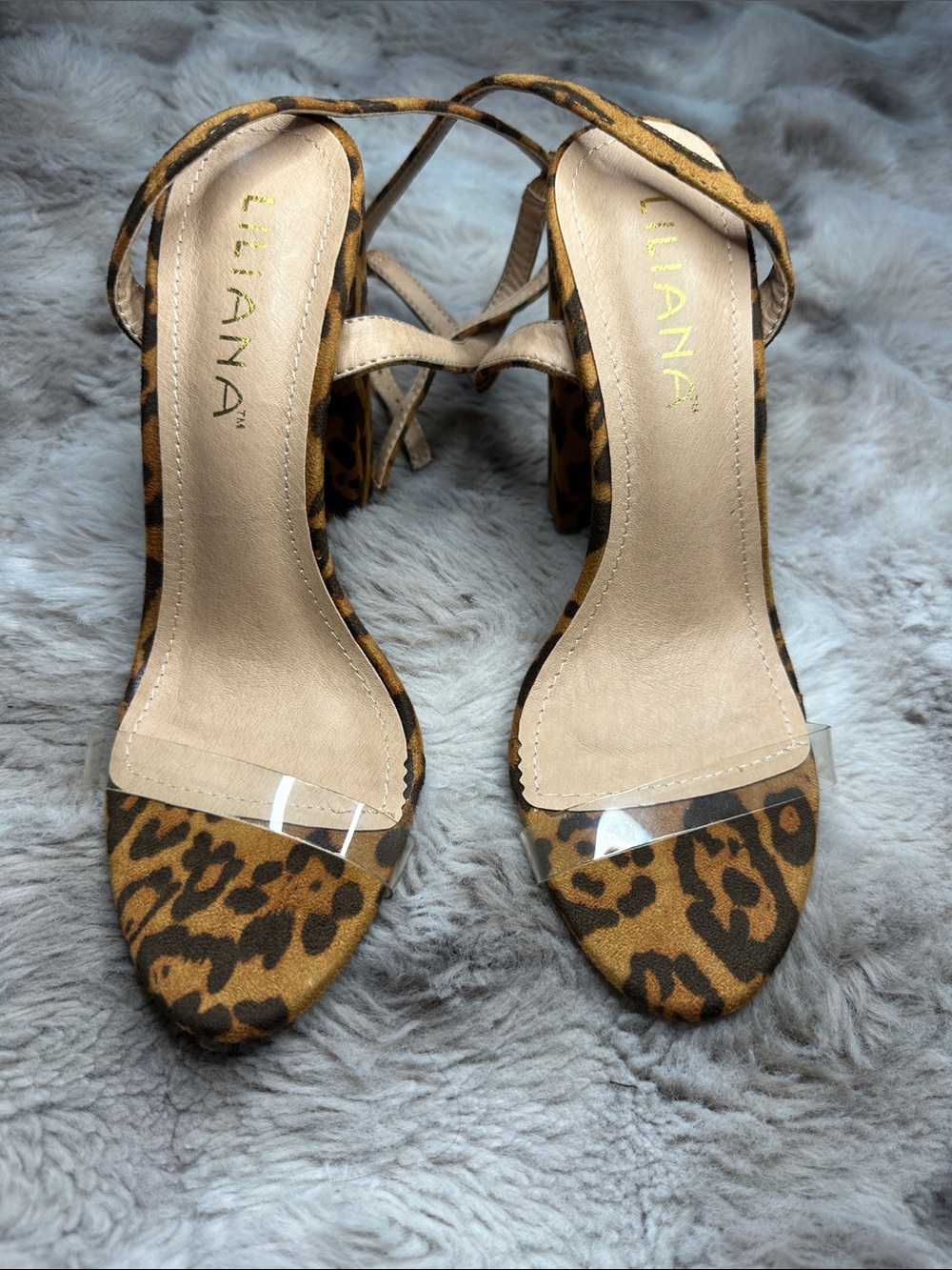 Liliana Leopard Print Clear Strap Heels in Brown and Black